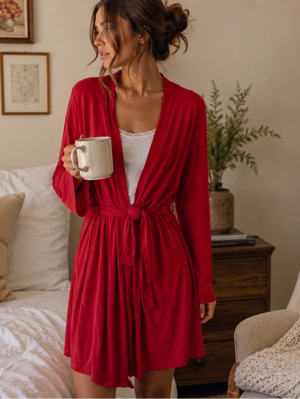 Natori Red Modal Wrap Robe Tie Waist Long Sleeve Lounge S